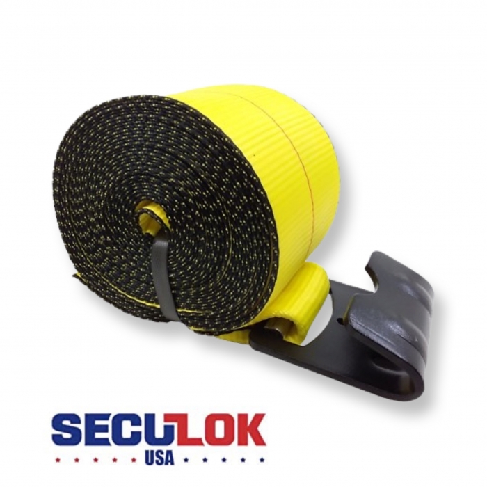 SECULOK 4" x 30' Yellow  Winch Strap with Flat Hook (1-Pack) Working Load Limit 5400 lbs, Breaking Strength: 16,200 lbs for Flatbed Trailers